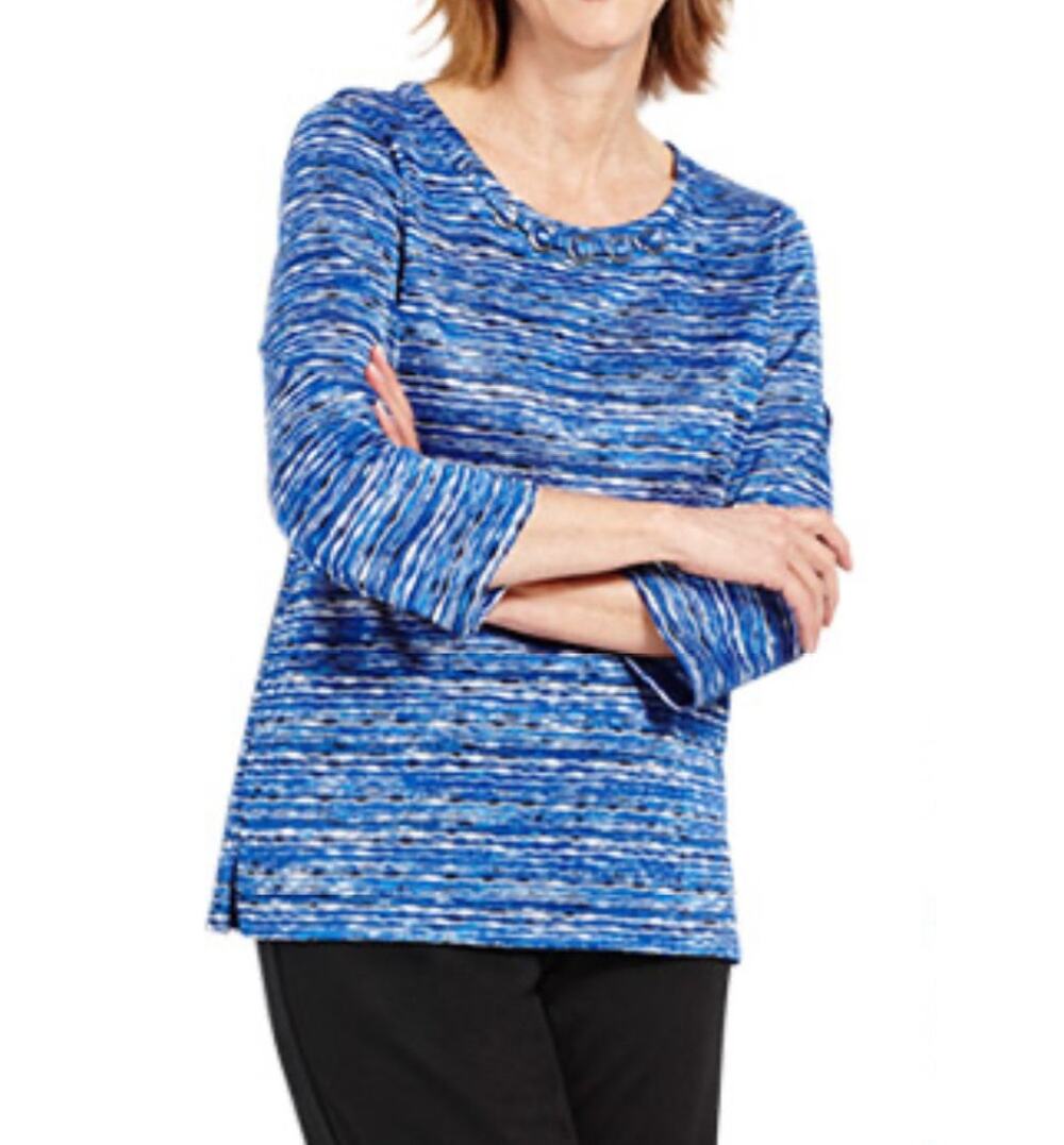 Alfred Dunner blouse women's small space dye striped 3/4 sleeve blue nautical